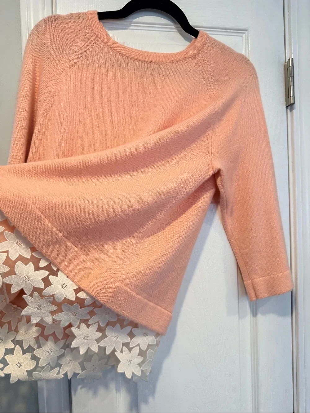 J.Crew Size M Peach Knit Sweater w Floral Lace Hem Merino Wool Blend 3/4 Sleeve